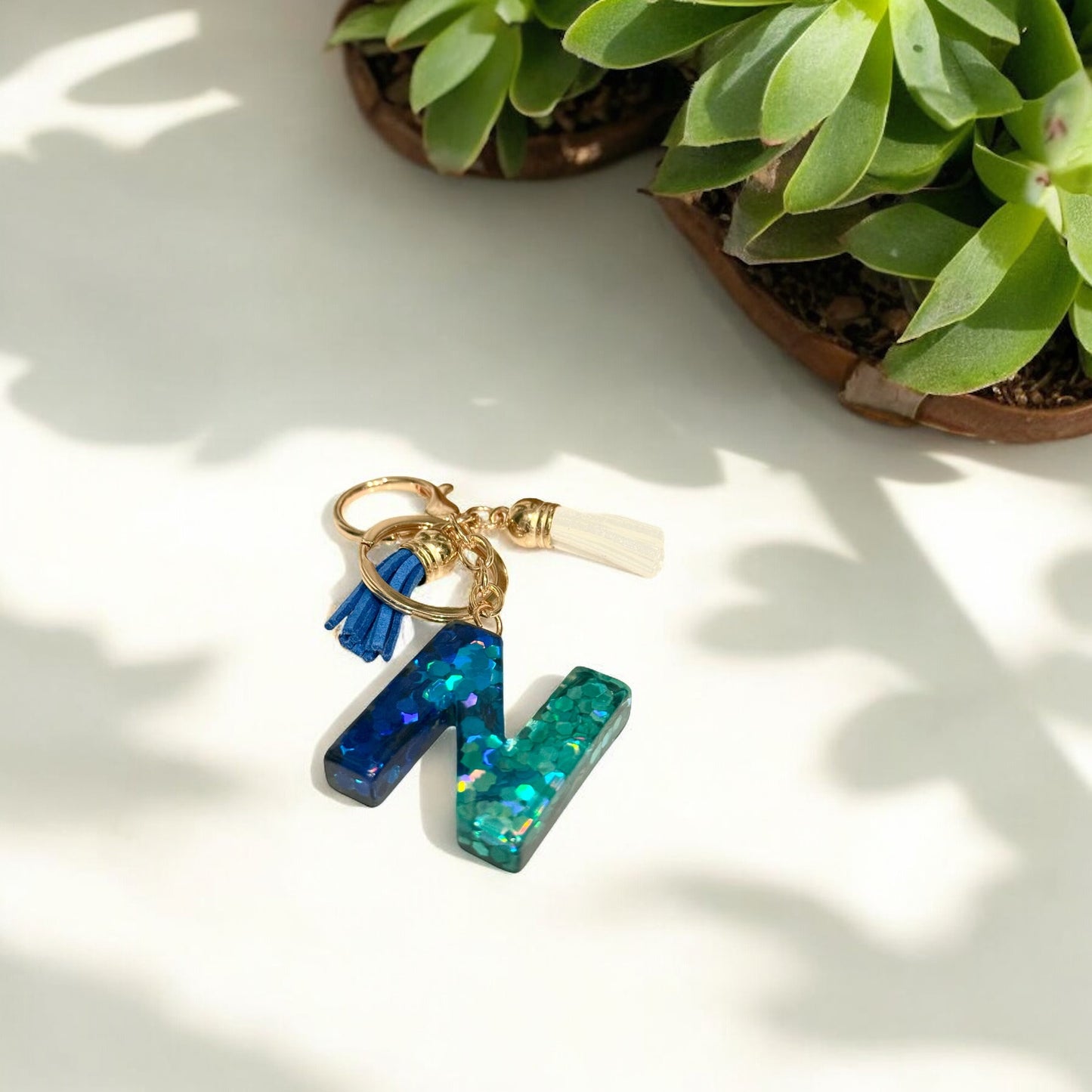 Teal and Navy Resin Initial Keychain with Tassel Charms | Stocking Stuffers | Unique Christmas Gifts