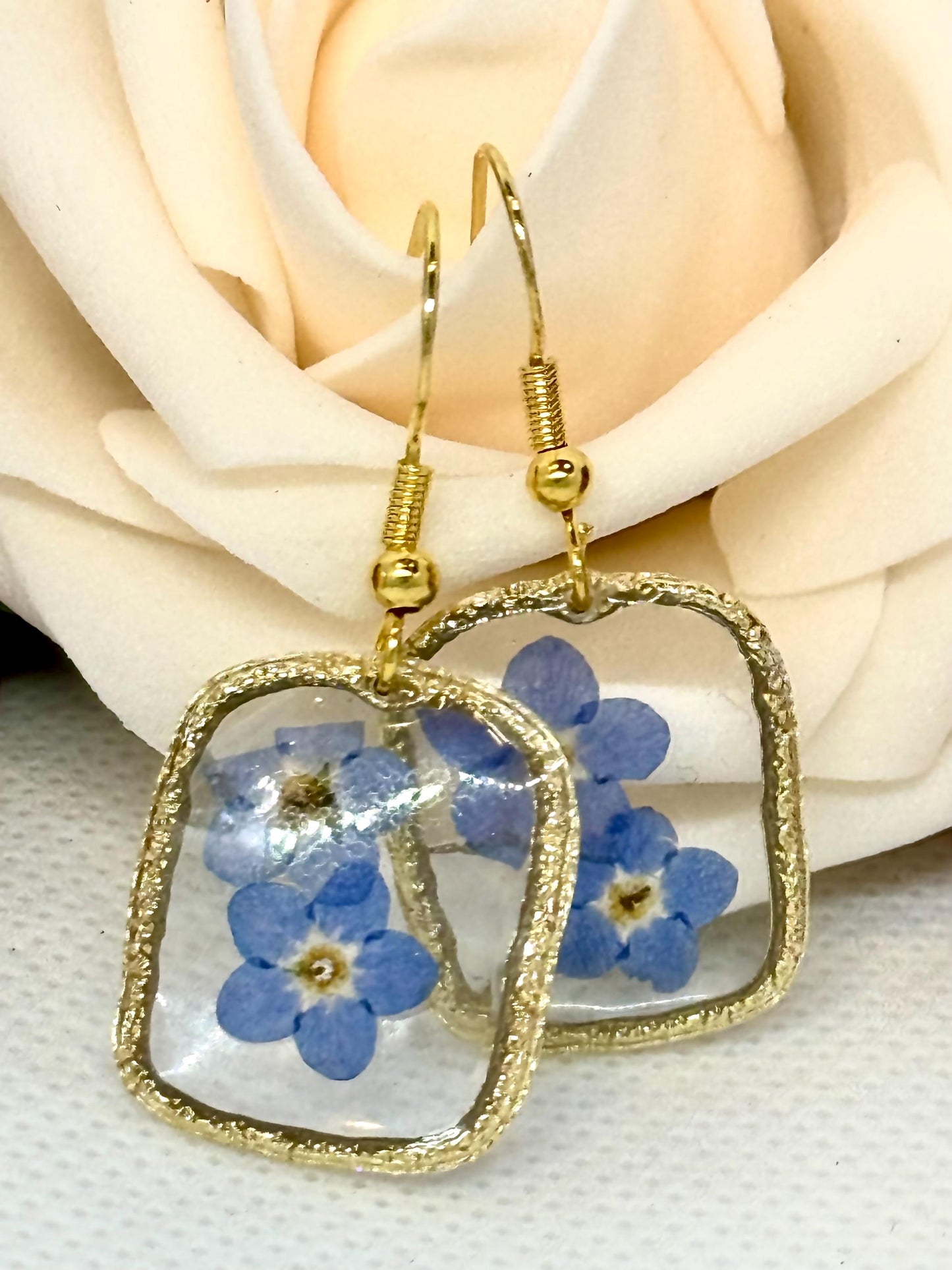 Forget-Me-Not Resin Earrings with Gold Bezels – Always Remembered Collection