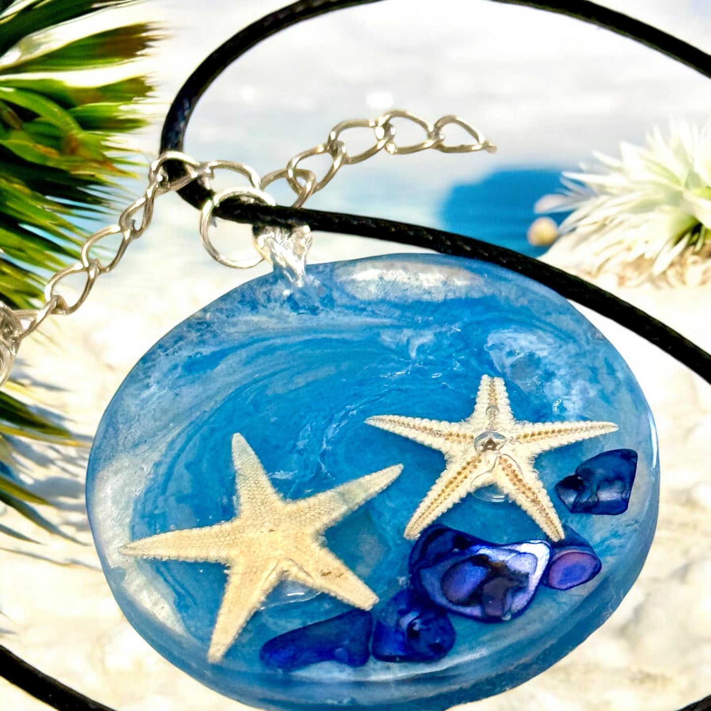 Ocean Breeze Resin Necklace with Twin Starfish and Blue Stones | Handmade Beach Jewelry | Stocking Stuffers | Unique Christmas Gifts