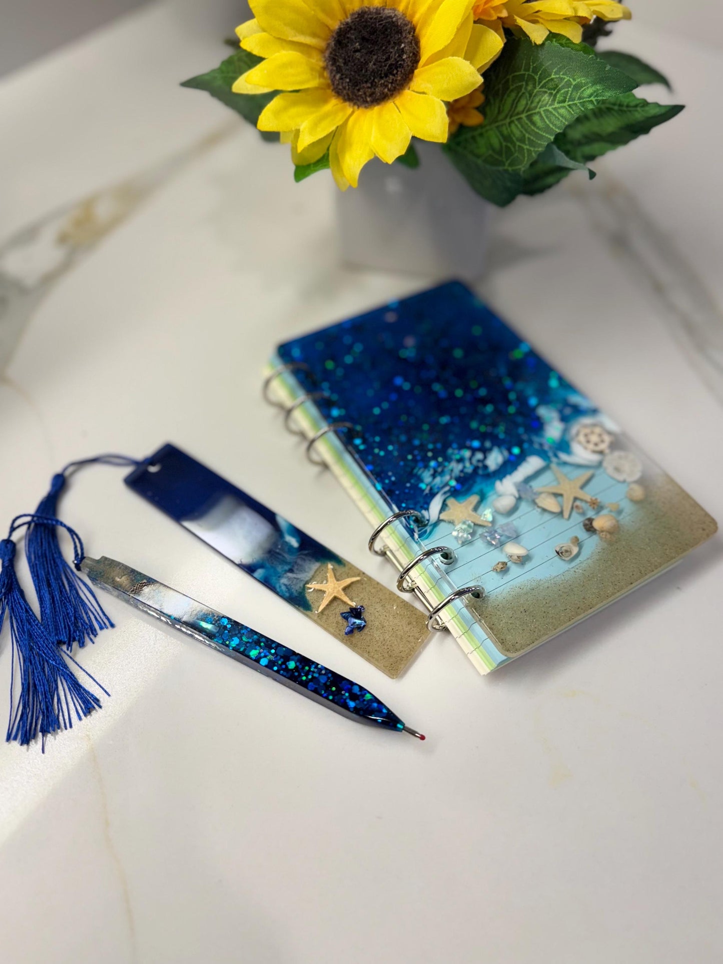 Handcrafted Resin Ocean-Themed Stationery Sets – Notebook, Pen, and Bookmark Combo | Handmade Gifts | Unique Christmas Gifts