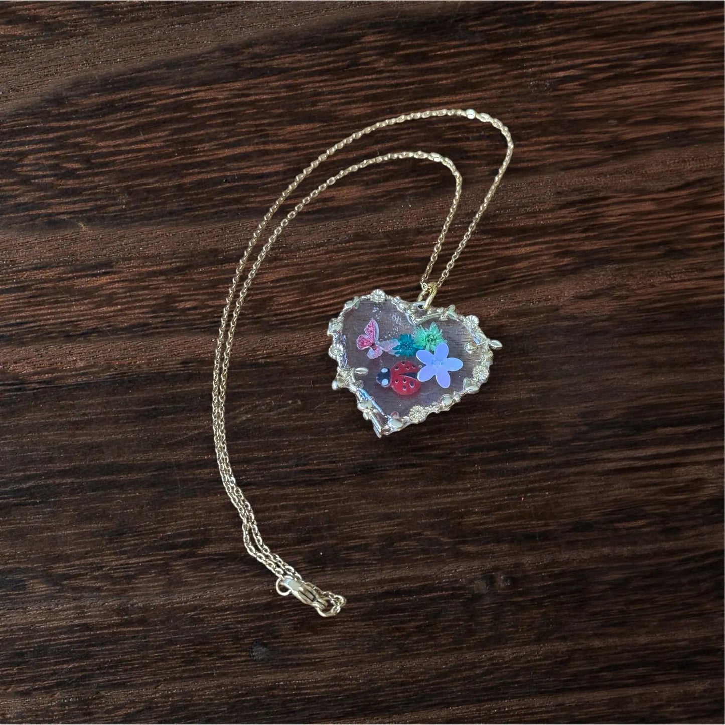 Handcrafted Heart Pendant with Gold Frame and Dried Floral Design | Mother’s Day Gifts | Unique Jewelry