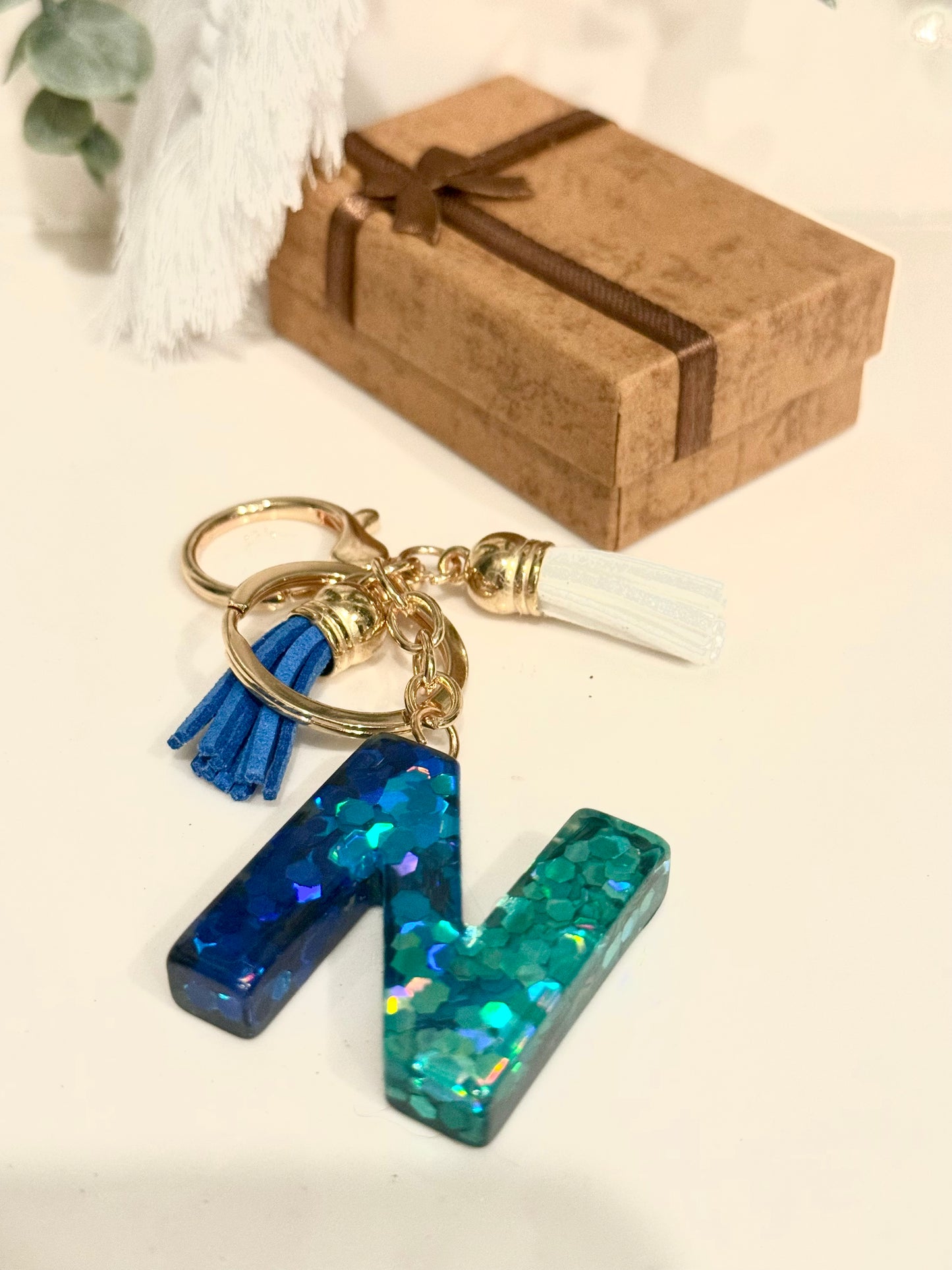 Teal and Navy Resin Initial Keychain with Tassel Charms | Stocking Stuffers | Unique Christmas Gifts