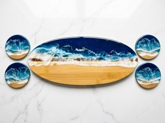 Ocean Waves Charcuterie Board & Coaster Set – Handcrafted Resin Art Bundle