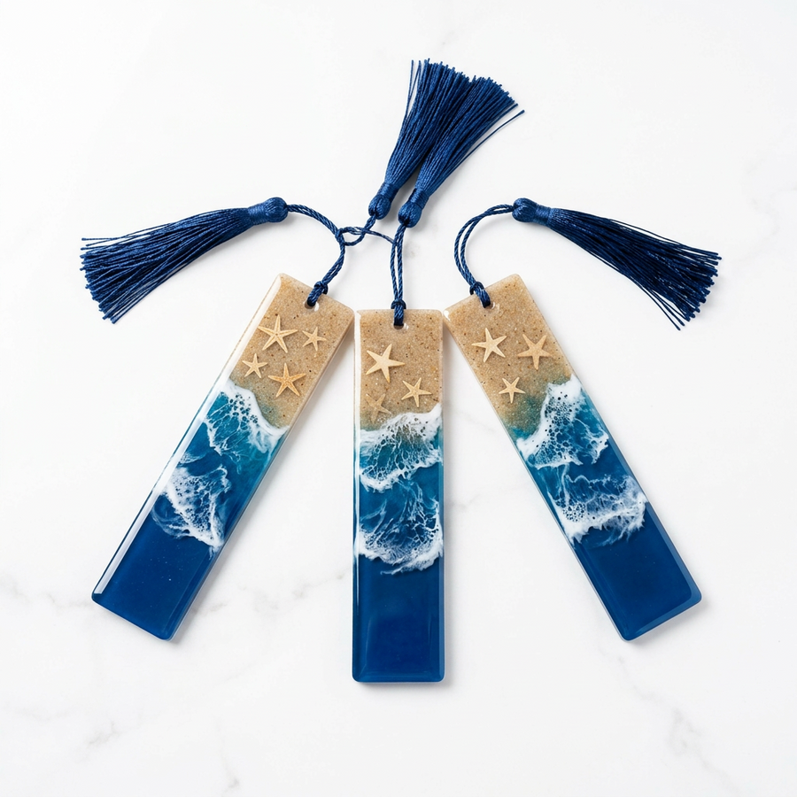 Ocean Resin Bookmarks – Set of 3 (Real Sand & Shells)