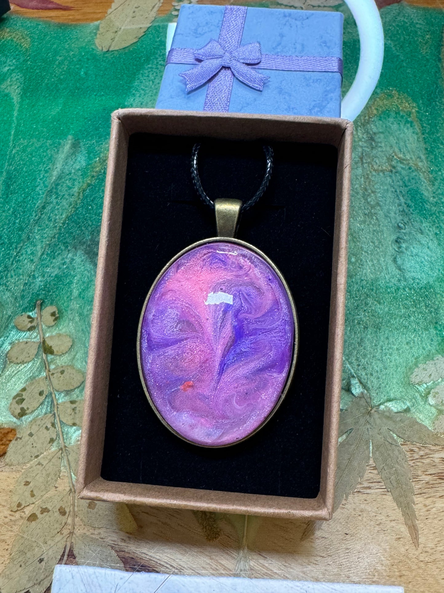 Handcrafted Pink and Purple Swirl Resin Pendant – Unique Jewelry with Leather Cord | Stocking Stuffers | Unique Christmas Gifts