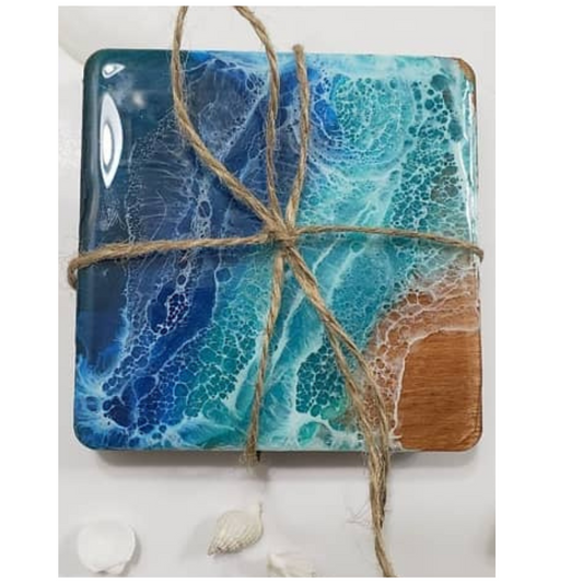 Ocean Resin & Wood Coaster Set (Set of 4) – Handmade Coastal Drink Coasters