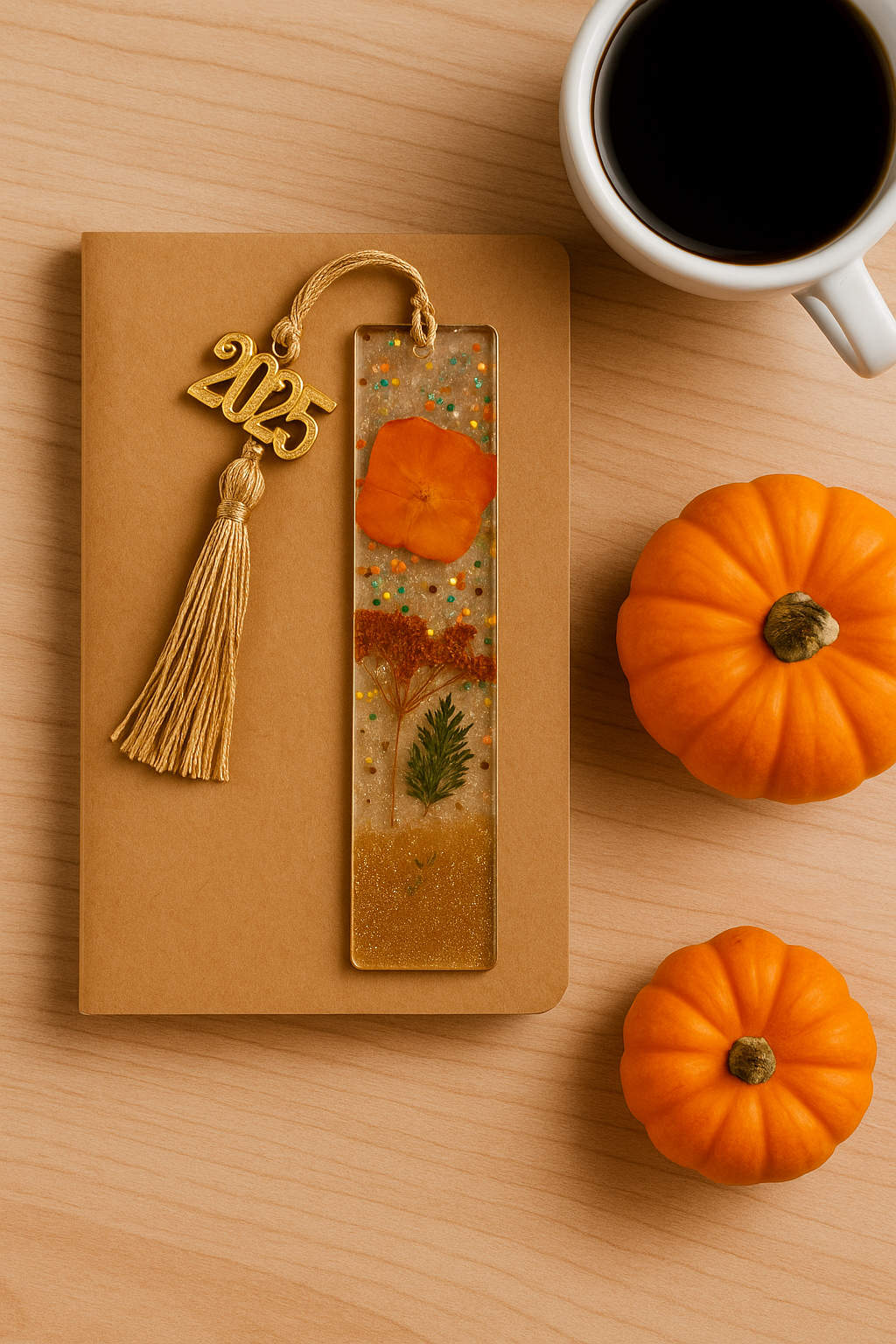 Fall Resin Bookmark with Pressed Flowers & Gold Tassel – Custom Year Charm | Autumn Fall Bookmark | Handmade Gift for Christmas | Set of 3