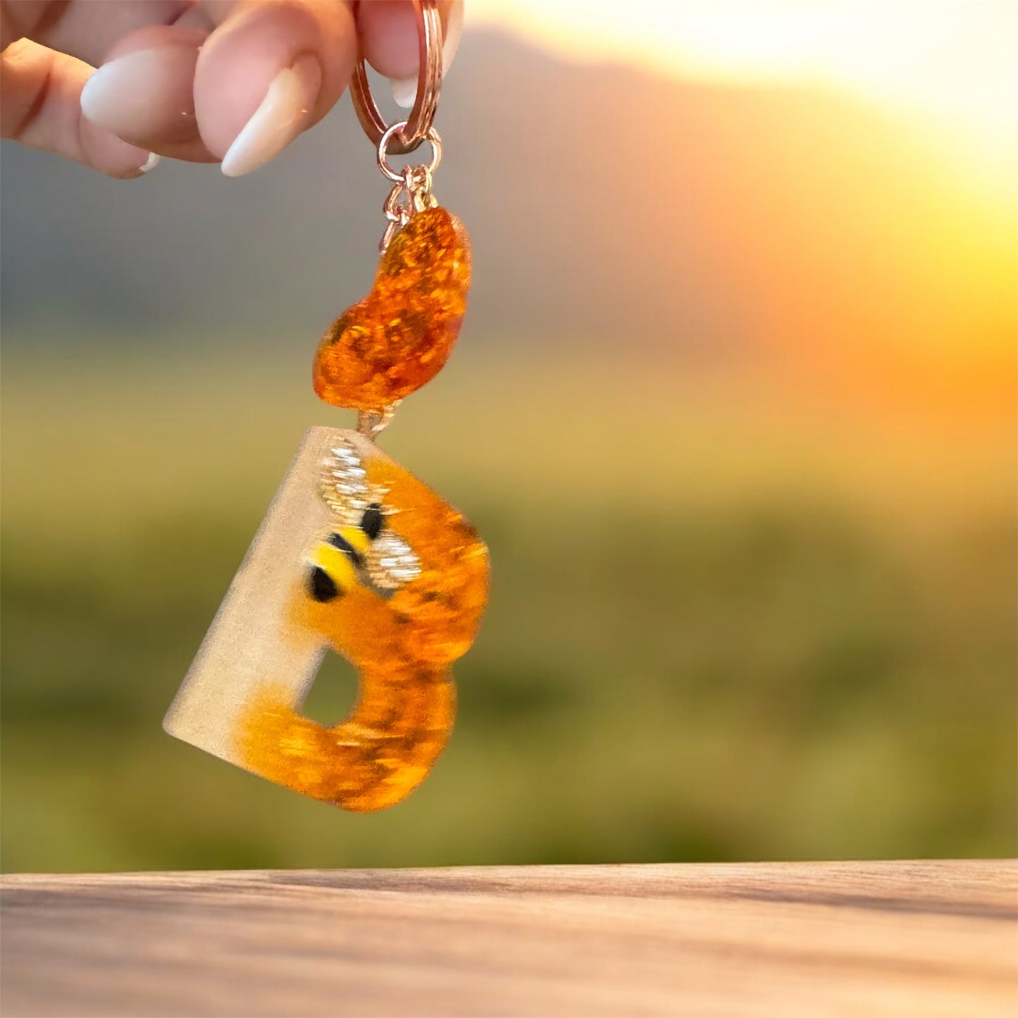 Handmade Resin Bee Keychain - Amber Gold Letter Keyring, Save The Bees Gift, Bee Lover Accessory, Personalized Initial Keychain