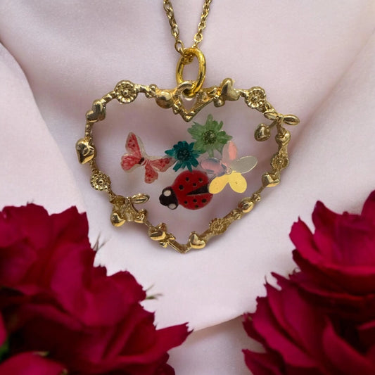 Handcrafted Heart Pendant with Gold Frame and Dried Floral Design | Valentines Day Gifts | Unique Jewelry