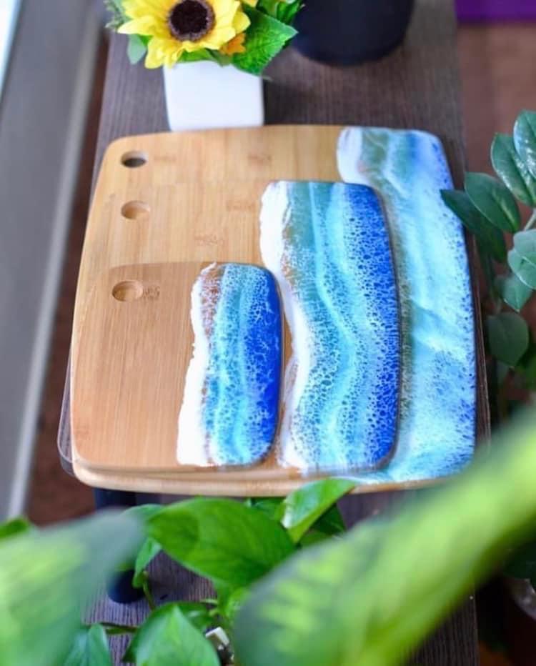 Resin Ocean Charcuterie Board Set – 3 Sizes – Handmade Coastal Cutting Boards with Food-Grade Resin