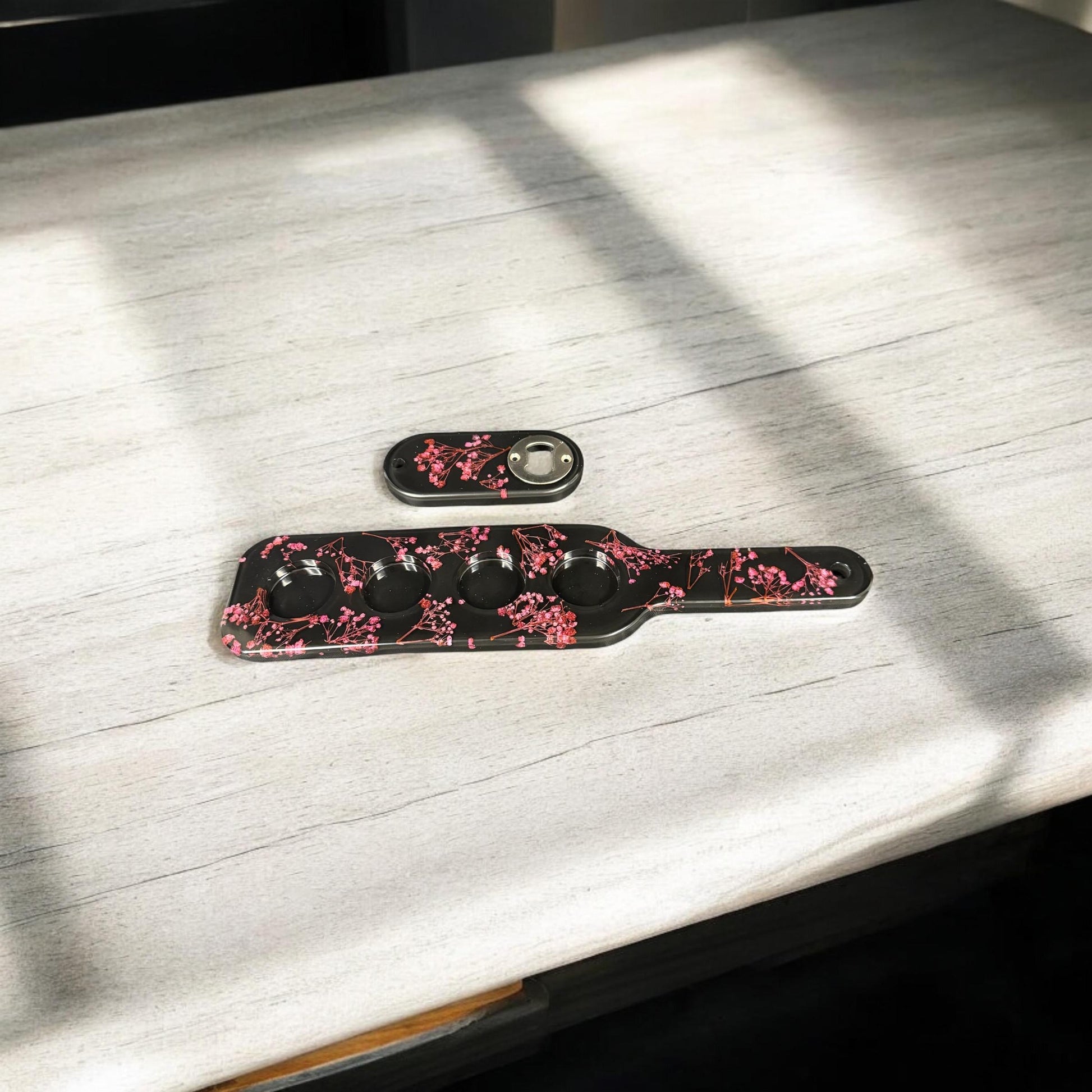 Floral Resin Shot Glass Display and Bottle Opener Set – Holds 4 Shot Glasses