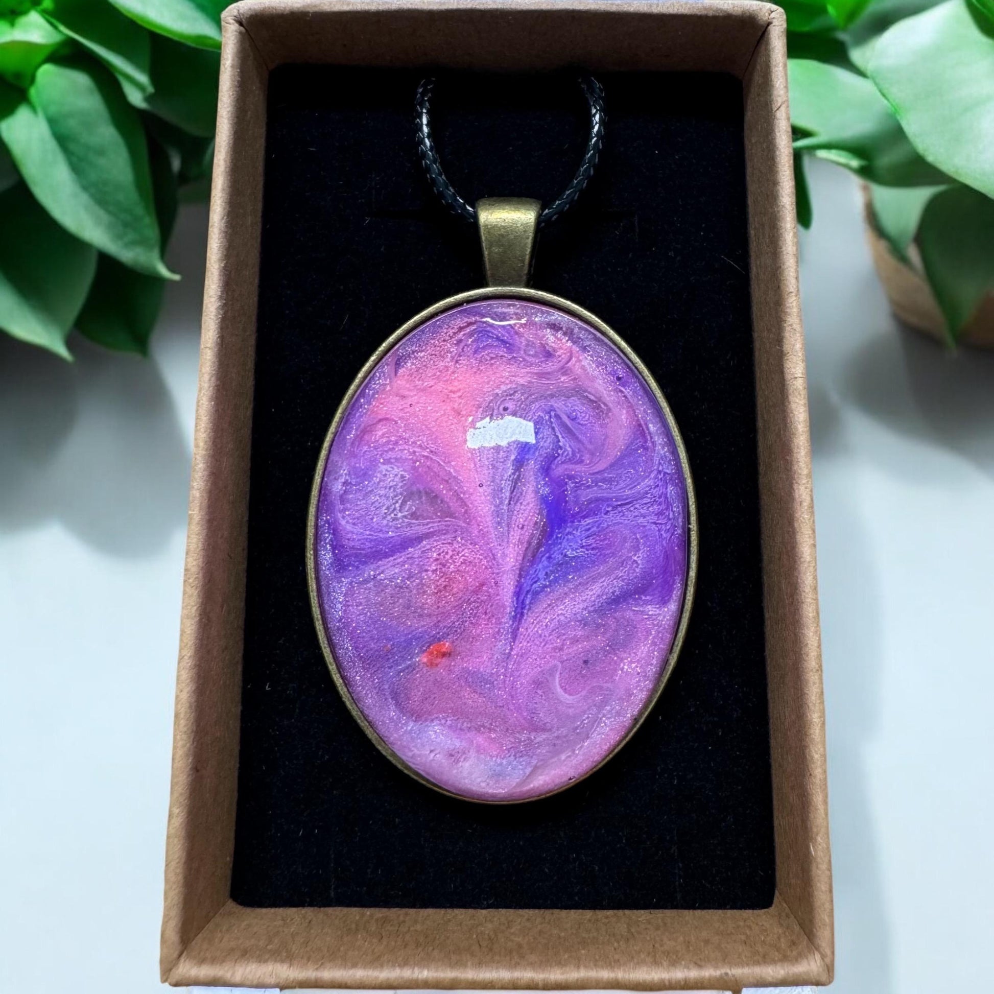 Handcrafted Pink and Purple Swirl Resin Pendant – Unique Jewelry with Leather Cord