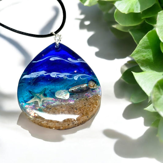 Handmade Ocean Waves Necklace with Starfish and Seashell | Unique Beach Pendant | Stocking Stuffers | Unique Christmas Gifts