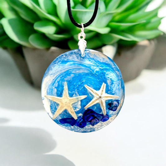 Ocean Breeze Resin Necklace with Twin Starfish and Blue Stones | Handmade Beach Jewelry | Stocking Stuffers | Unique Christmas Gifts