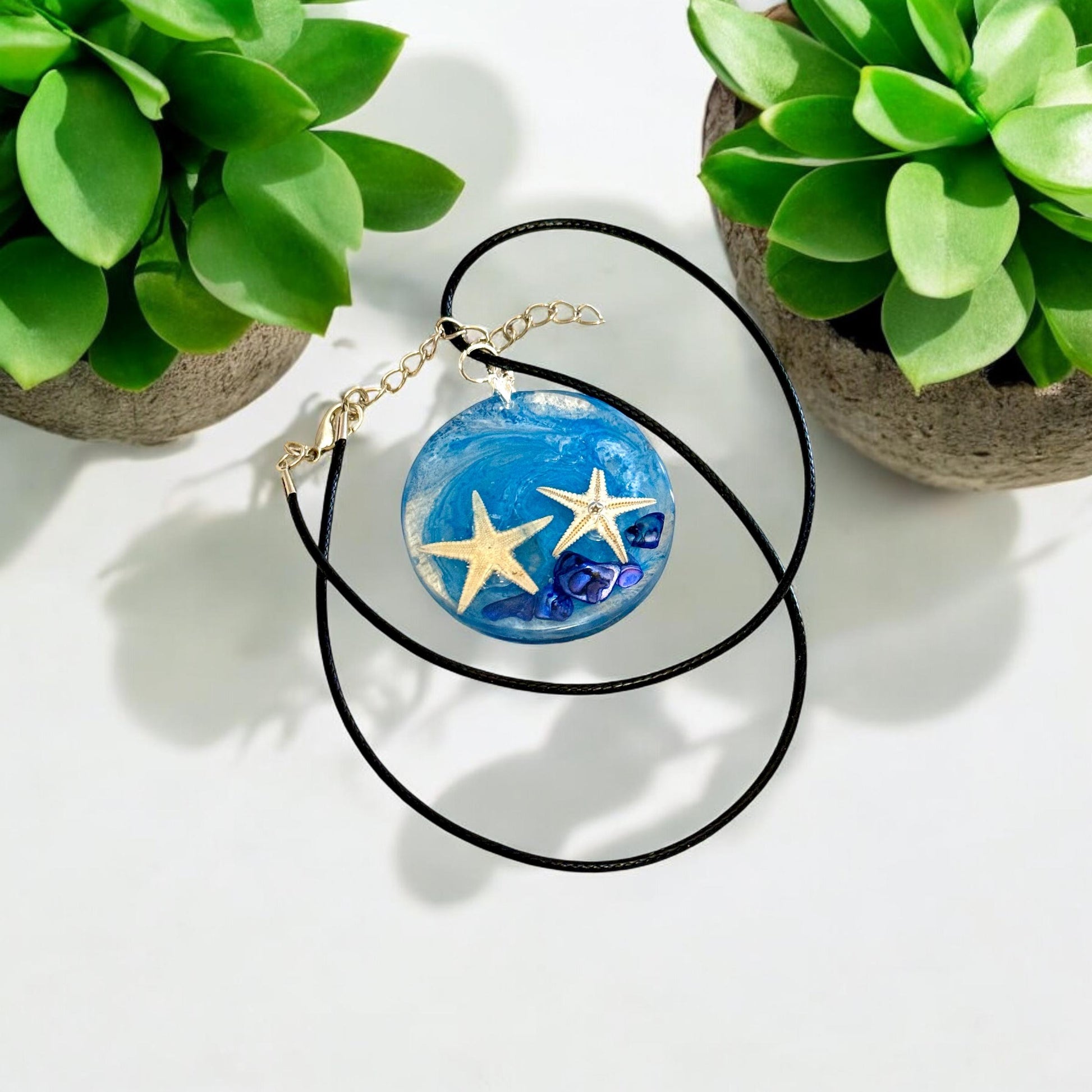 Ocean Breeze Resin Necklace with Twin Starfish and Blue Stones | Handmade Beach Jewelry | Stocking Stuffers | Unique Christmas Gifts