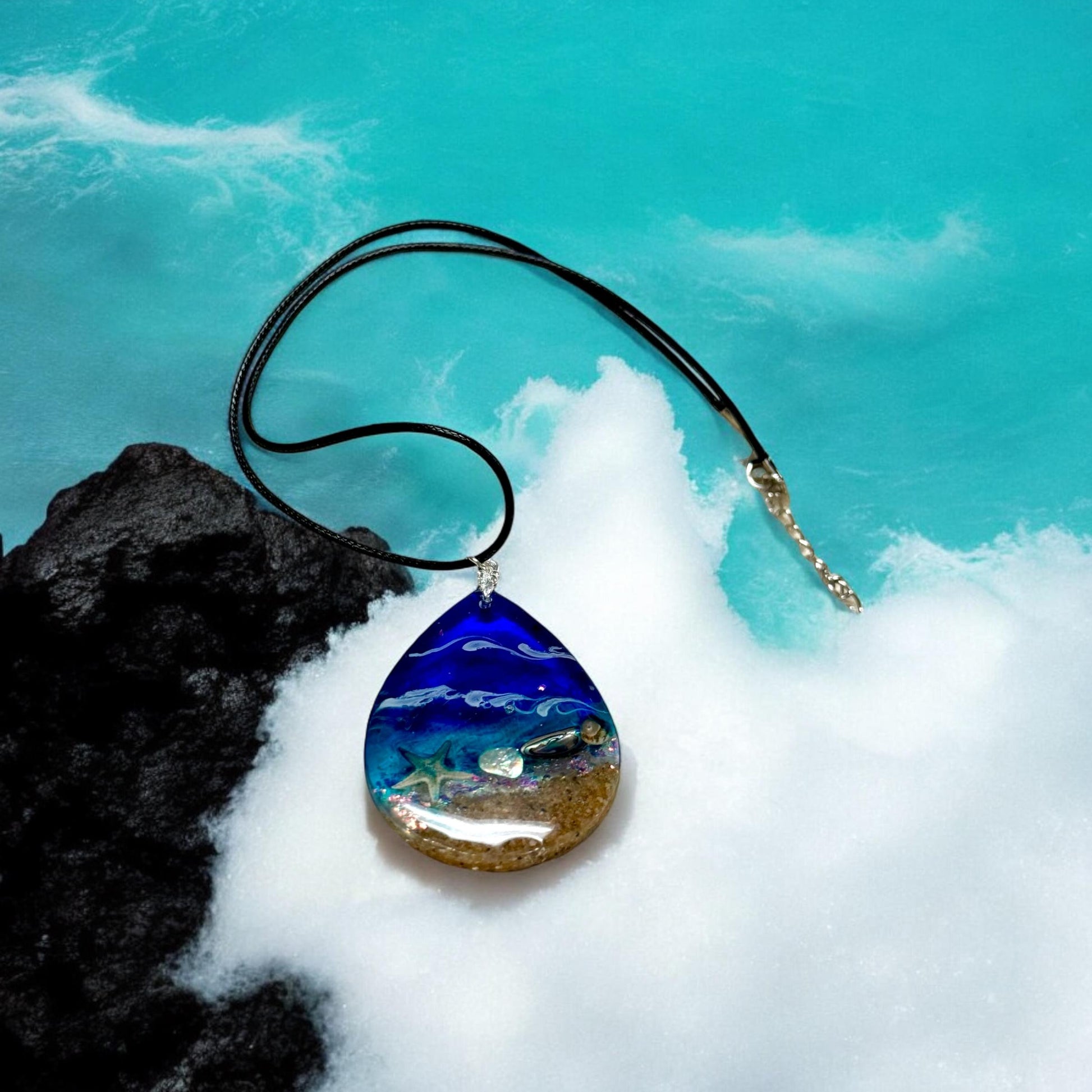 Handmade Ocean Waves Necklace with Starfish and Seashell | Unique Beach Pendant | Stocking Stuffers | Unique Christmas Gifts