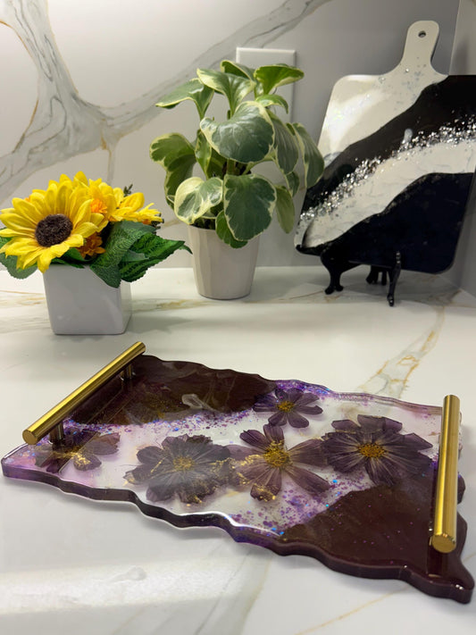 Elegant Resin Flower Tray with Matching Coasters – Purple and Gold Accents | Unique Mothers Day Gifts