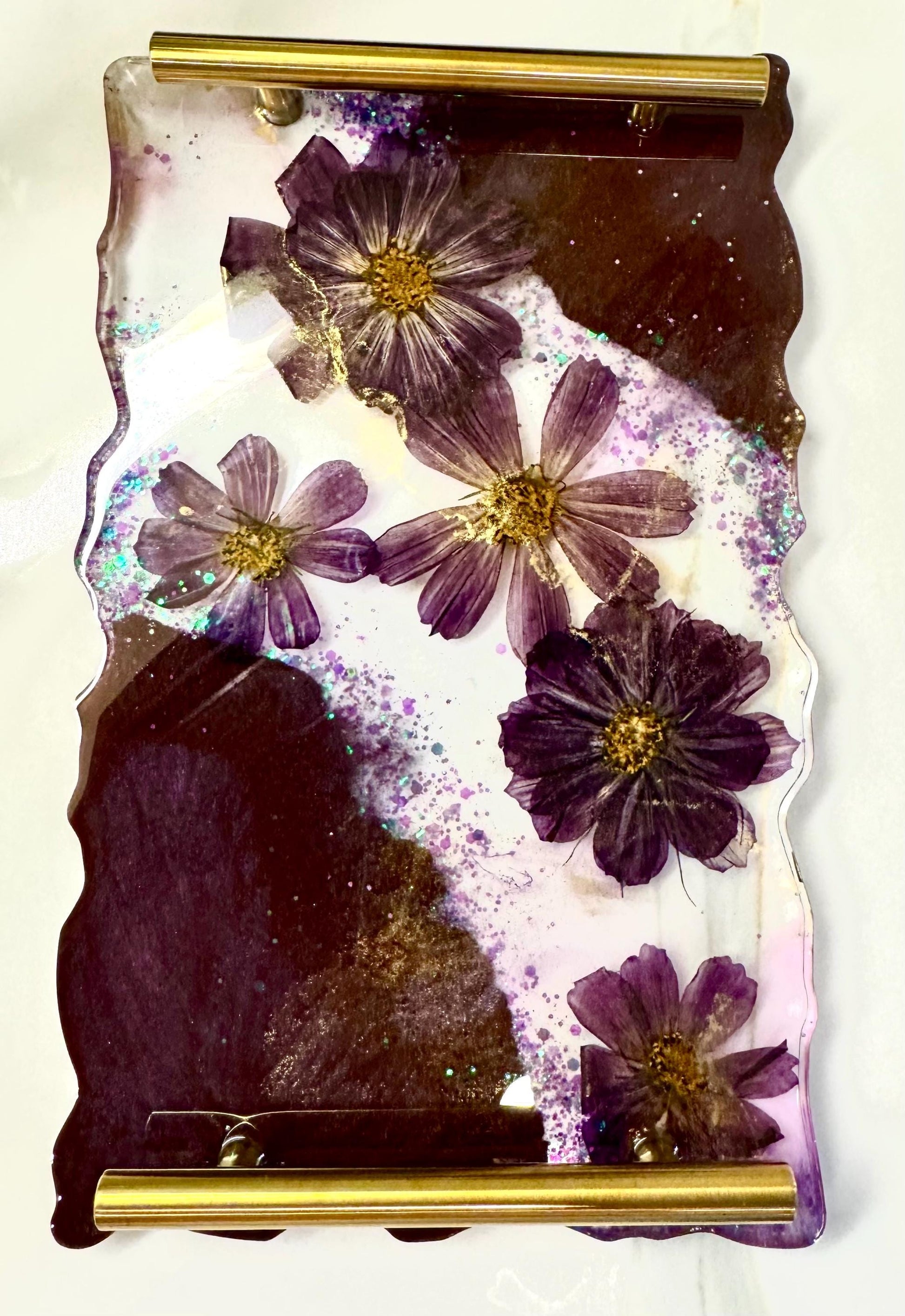 Elegant Resin Flower Tray with Matching Coasters – Purple and Gold Accents | Unique Mothers Day Gifts
