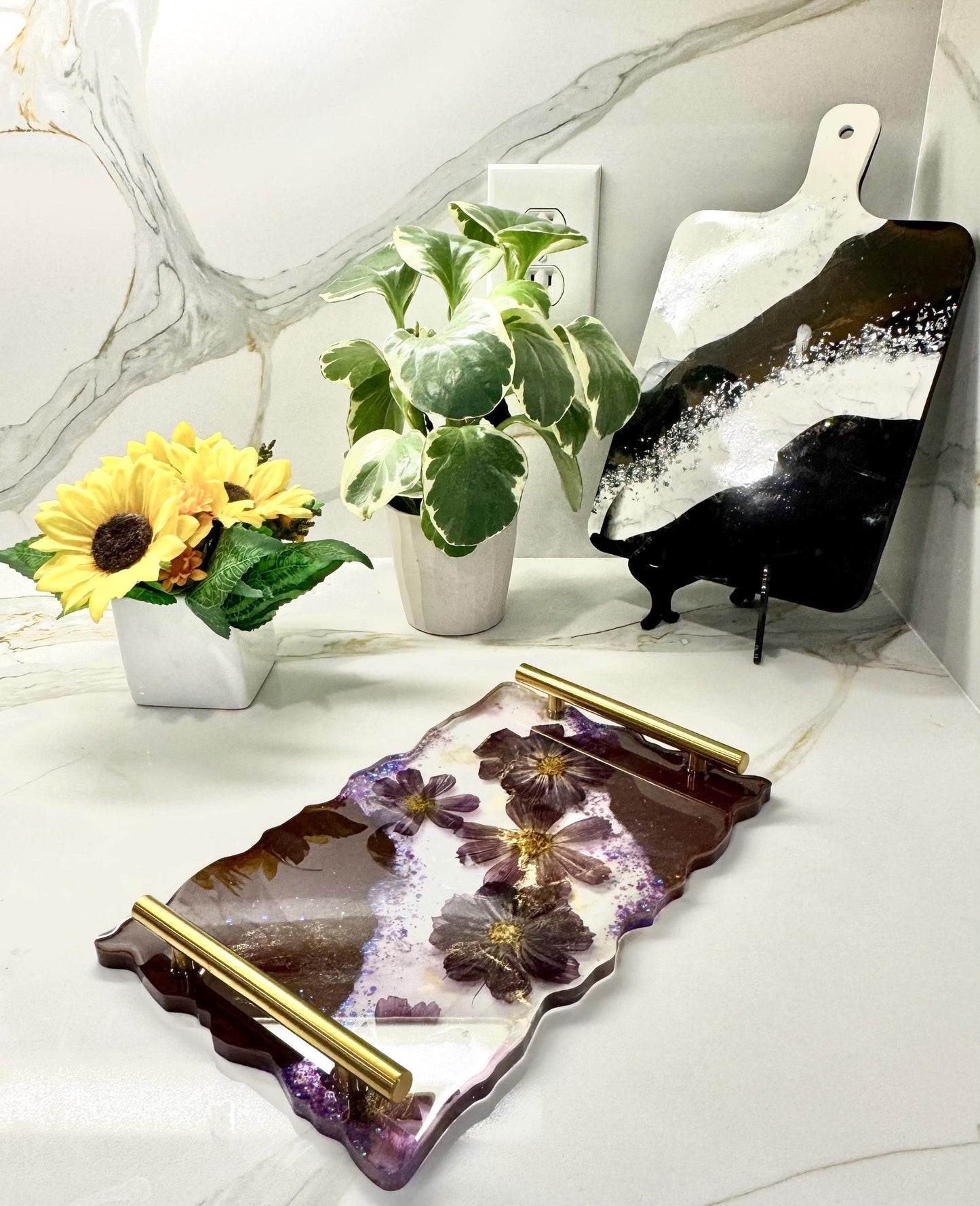 Elegant Resin Flower Tray with Matching Coasters – Purple and Gold Accents | Unique Mothers Day Gifts