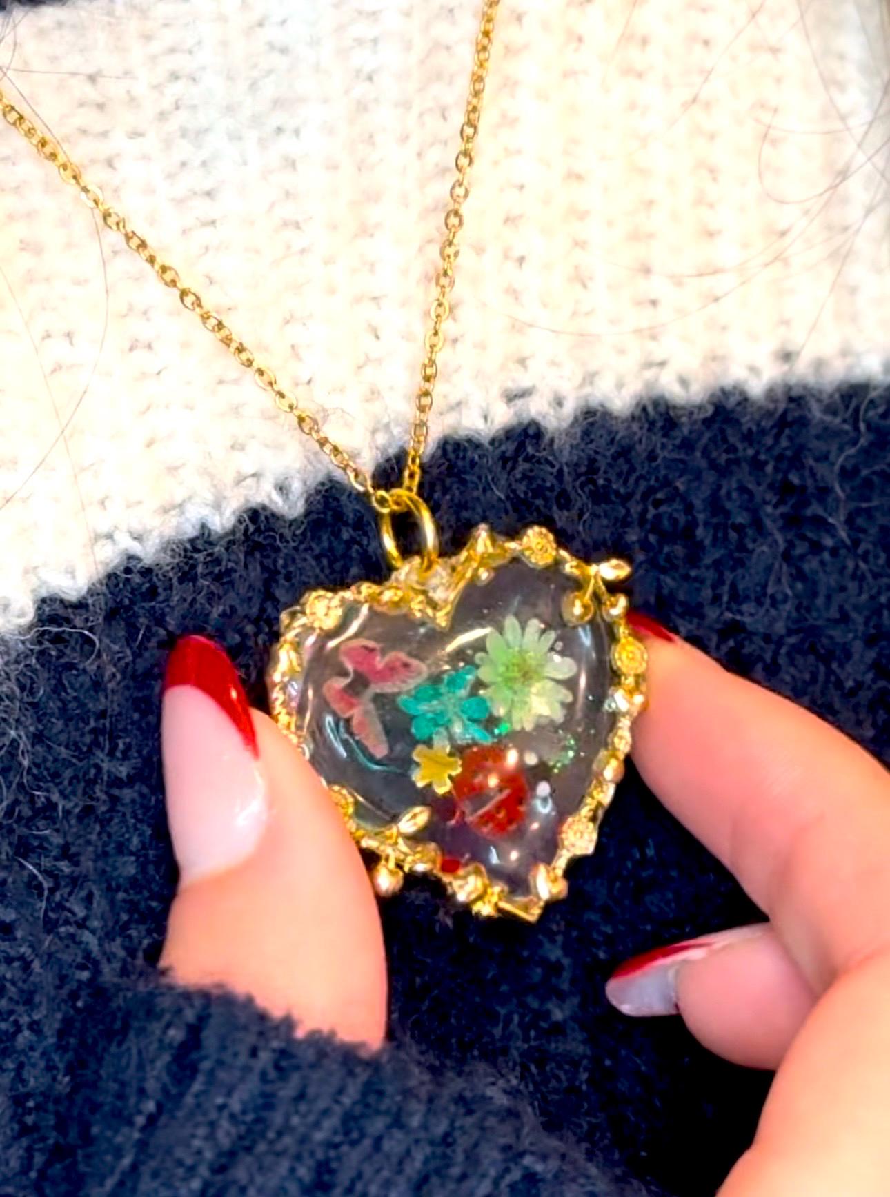 Handcrafted Heart Pendant with Gold Frame and Dried Floral Design | Valentines Day Gifts | Unique Jewelry