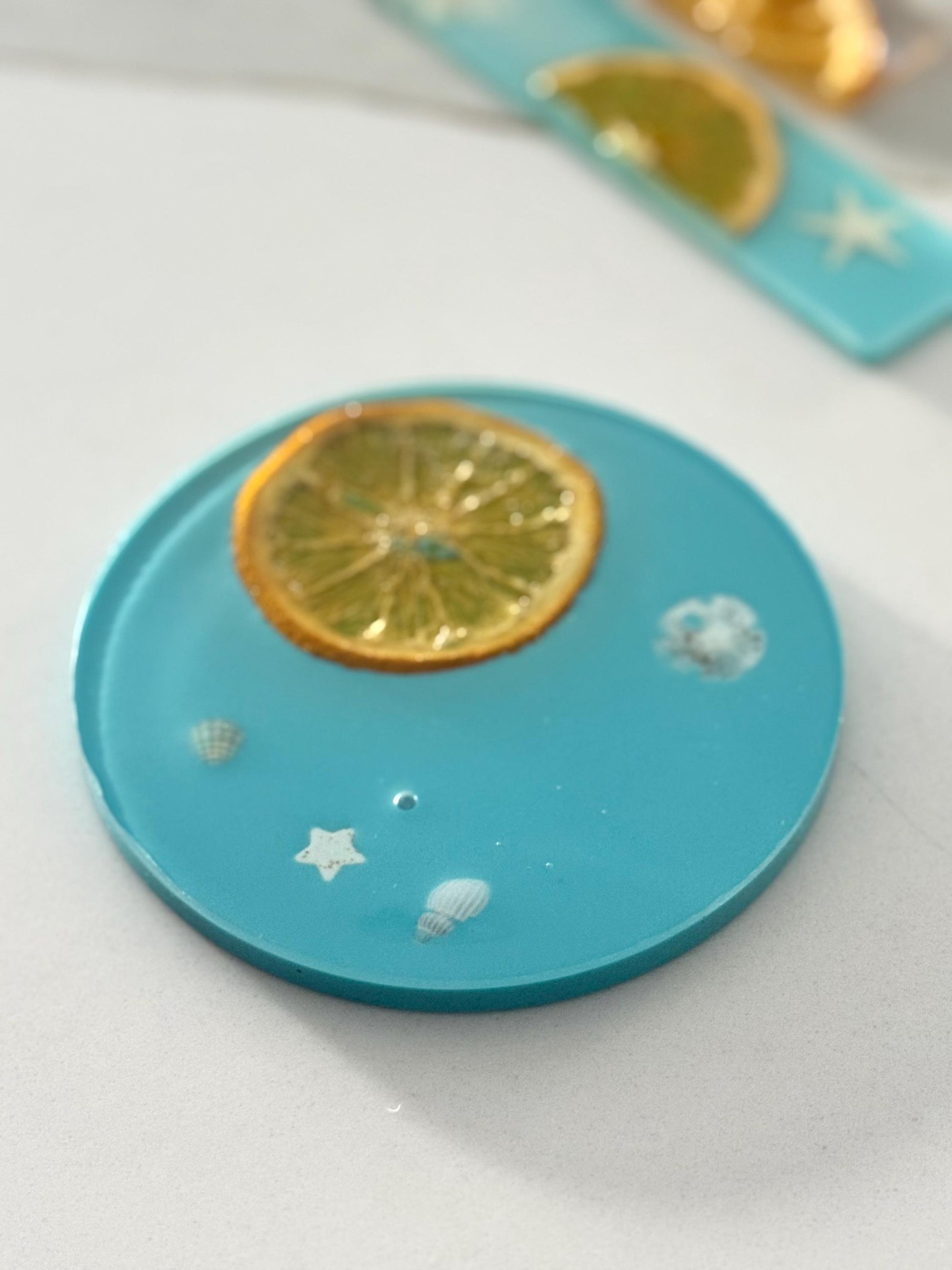 Citrus Resin Coaster Set (Round & Square) in Aqua, Real Orange Slice Coasters, Handmade Summer Drink Coasters Gift for Her