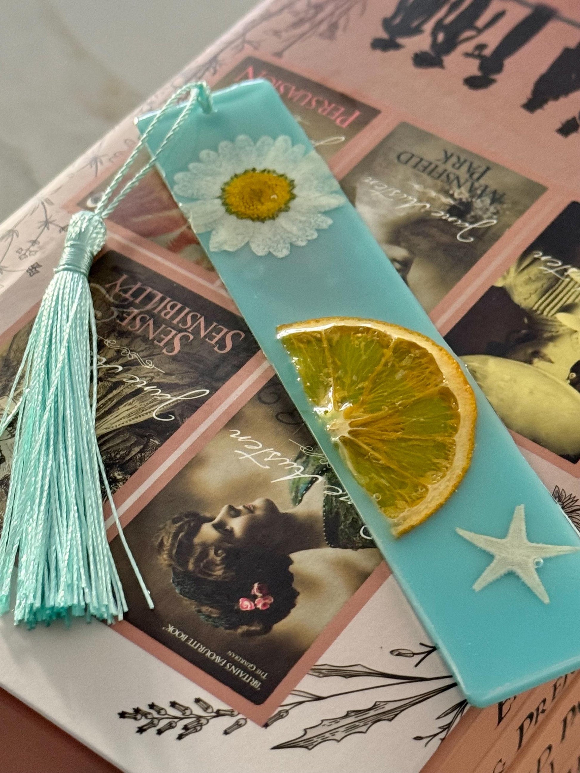 Citrus Pressed Daisy Resin Bookmark with Tassel, Dried Orange Slice in Aqua or Glitter Resin, Cute Summer Bookmark Gift for Book Lovers