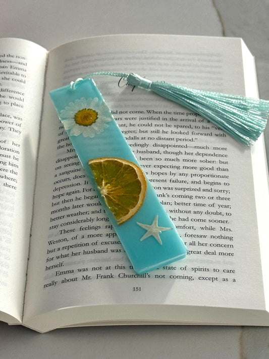 Citrus Pressed Daisy Resin Bookmark with Tassel, Dried Orange Slice in Aqua or Glitter Resin, Cute Summer Bookmark Gift for Book Lovers