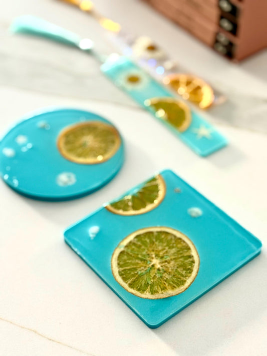 Citrus Resin Coaster Set (Round & Square) in Aqua, Real Orange Slice Coasters, Handmade Summer Drink Coasters Gift for Her