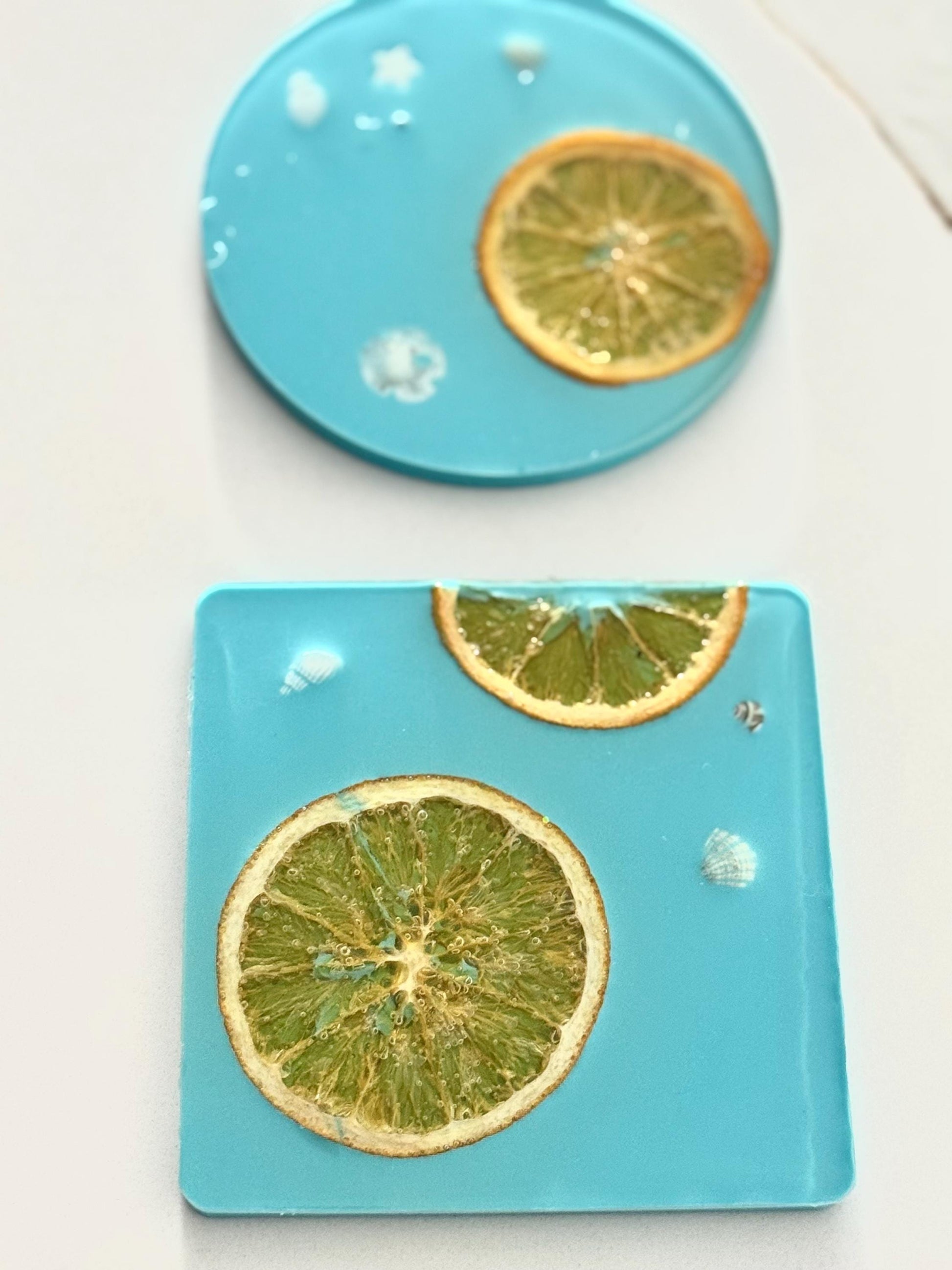 Citrus Resin Coaster Set (Round & Square) in Aqua, Real Orange Slice Coasters, Handmade Summer Drink Coasters Gift for Her