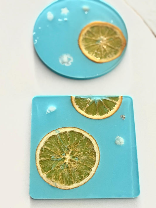 Citrus Resin Coaster Set (Round & Square) in Aqua, Real Orange Slice Coasters, Handmade Summer Drink Coasters Gift for Her