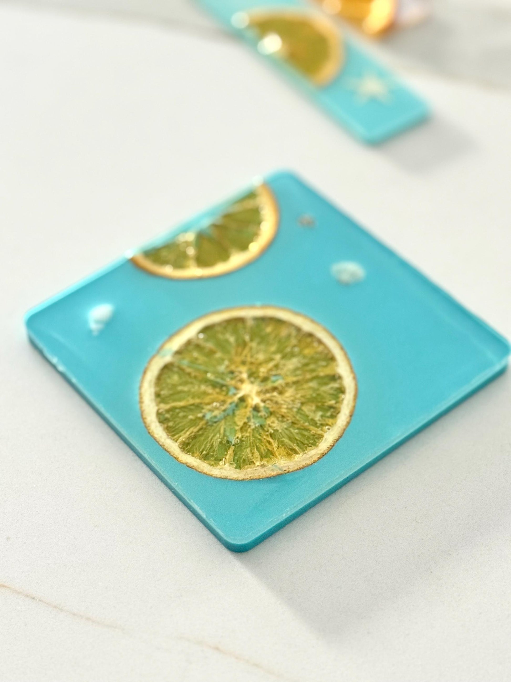 Citrus Resin Coaster Set (Round & Square) in Aqua, Real Orange Slice Coasters, Handmade Summer Drink Coasters Gift for Her