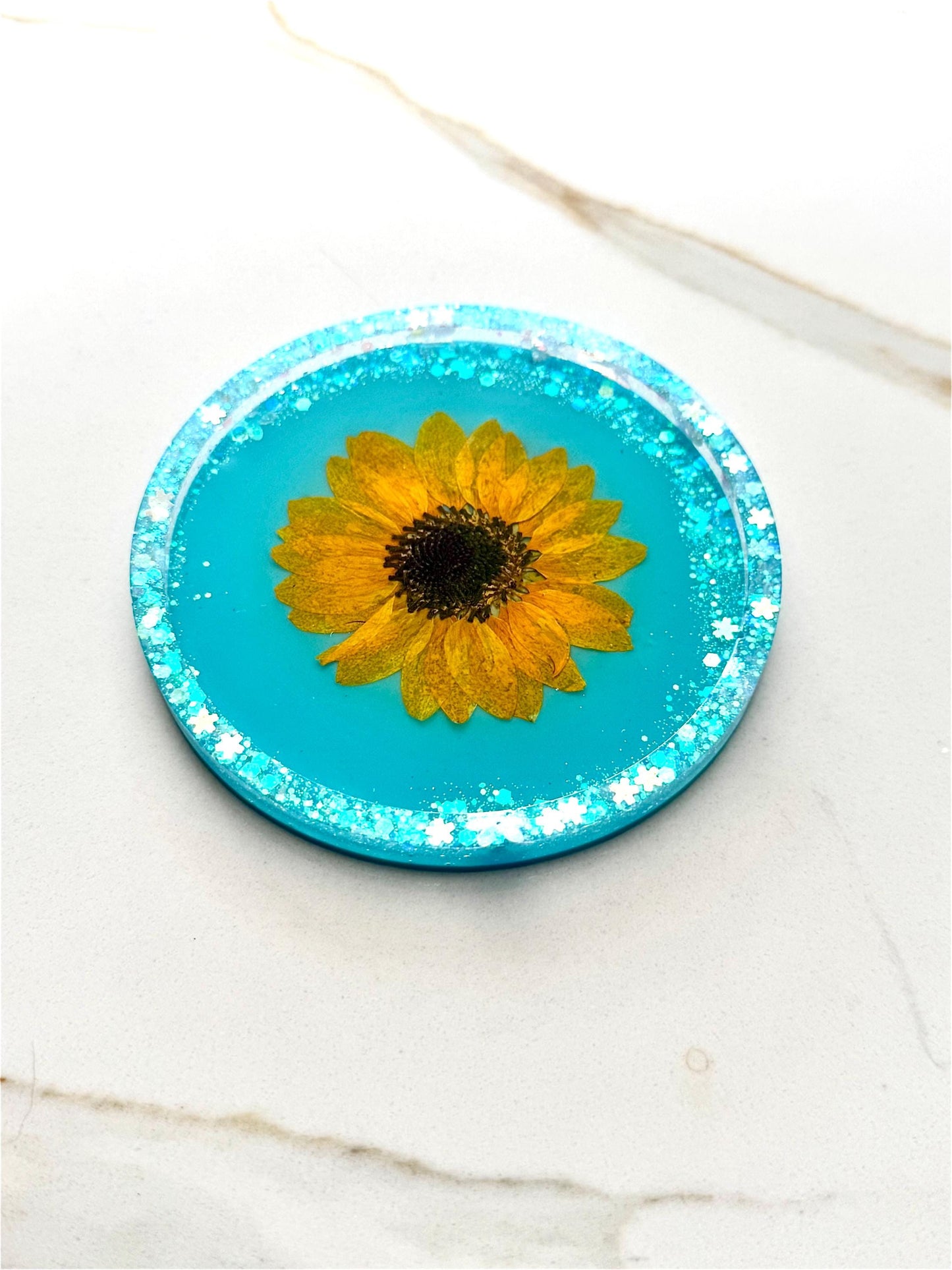 Sunflower Resin Coaster with Aqua Glitter Background, Handmade Floral Drink Coaster, Summer Gift for Her