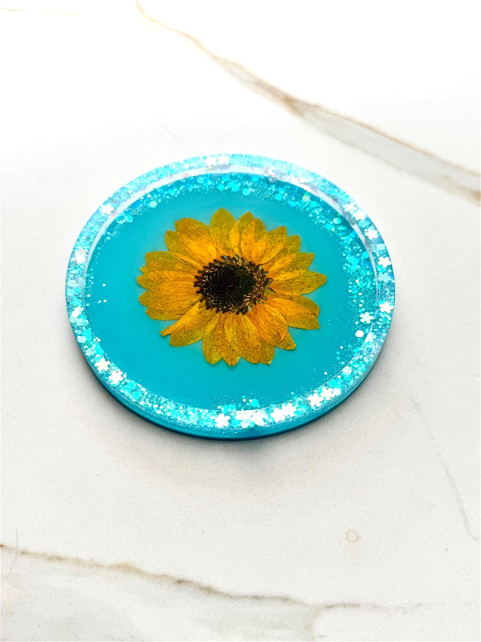 Sunflower Resin Coaster with Aqua Glitter Background, Handmade Floral Drink Coaster, Summer Gift for Her