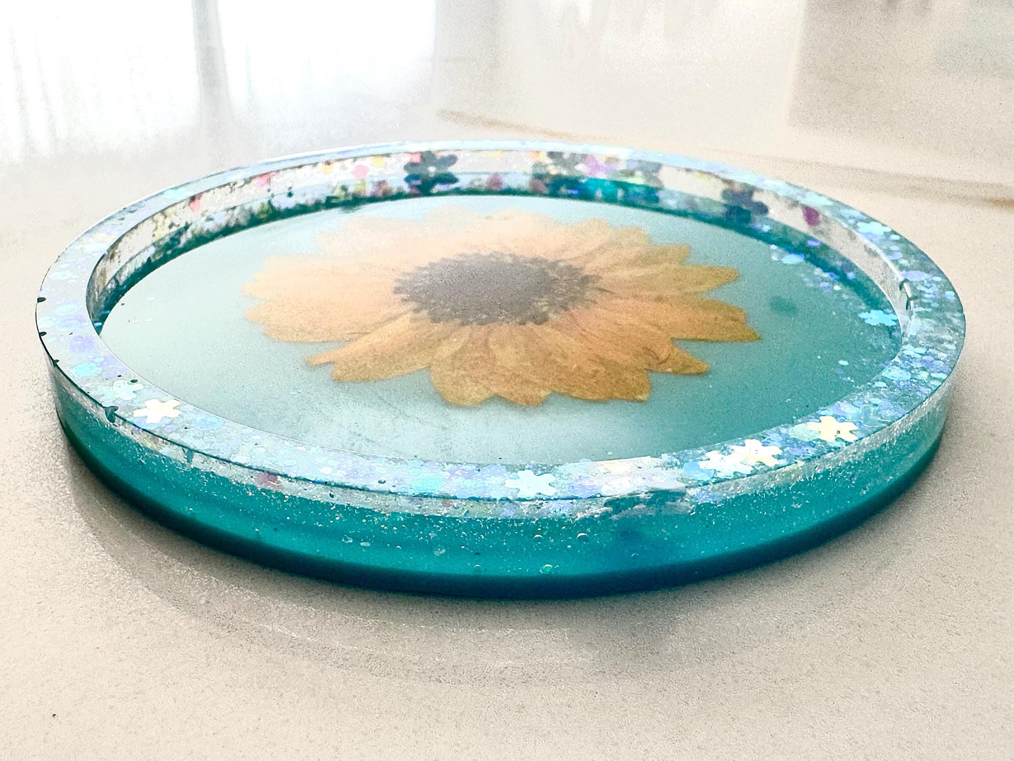 Sunflower Resin Coaster with Aqua Glitter Background, Handmade Floral Drink Coaster, Summer Gift for Her