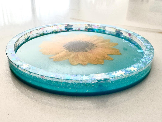 Sunflower Resin Coaster with Aqua Glitter Background, Handmade Floral Drink Coaster, Summer Gift for Her
