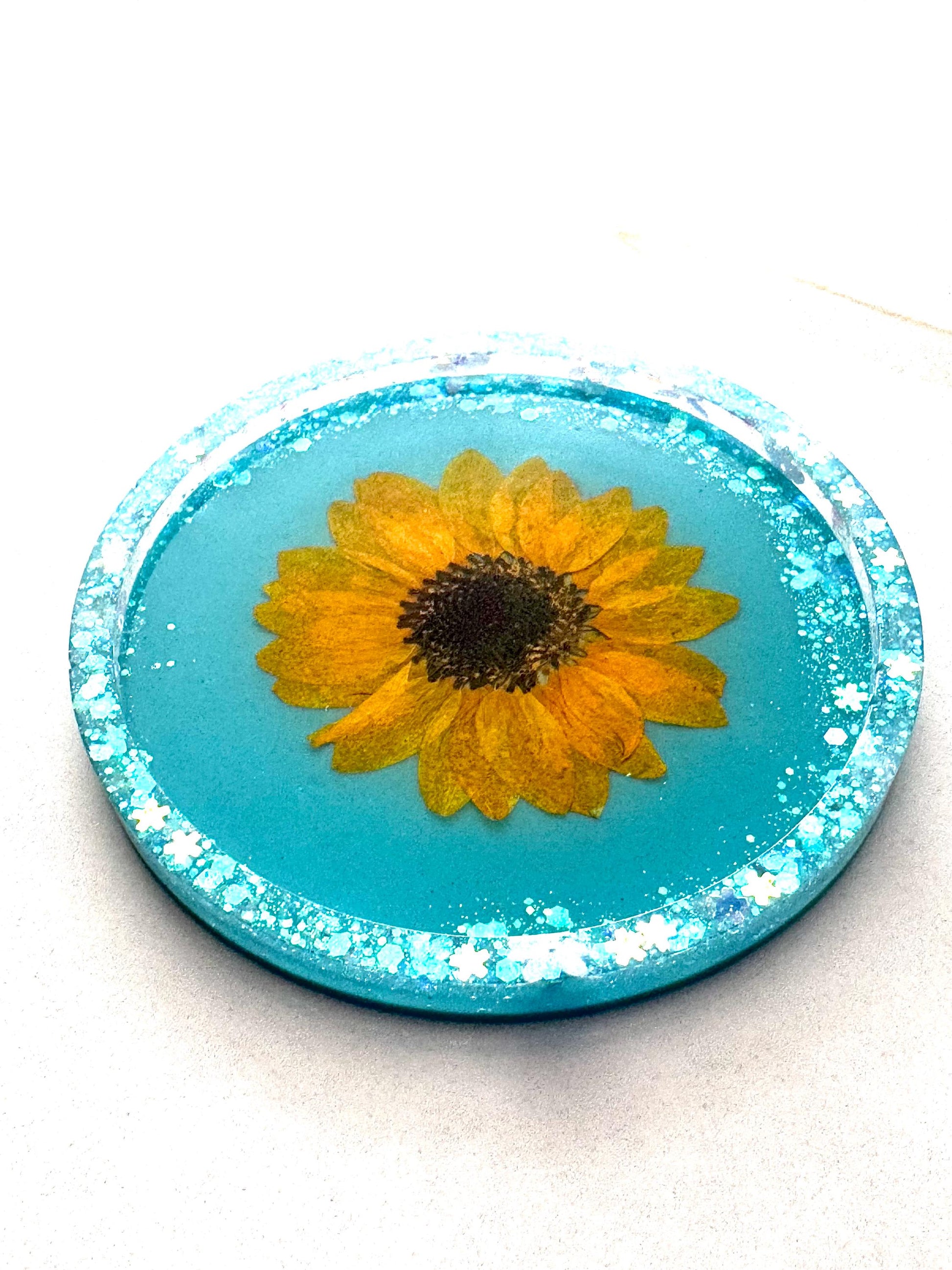 Sunflower Resin Coaster with Aqua Glitter Background, Handmade Floral Drink Coaster, Summer Gift for Her