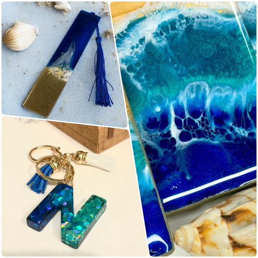 Ocean Lover Resin Gift Set – Coastal Coaster, Beach Bookmark & Seashell Keychain – Handmade Gift Idea